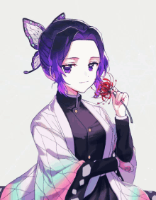 a girl with purple hair holds a red flower in her hand