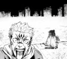 a black and white drawing of a man with his tongue out and a city skyline in the background .