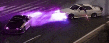 two cars are driving down a highway at night with purple lights