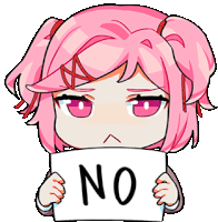 a pink haired anime girl is holding a sign that says no