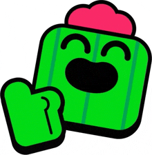 a green cactus with a red head and a thumbs up sign .