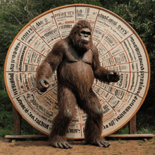 a statue of a gorilla standing in front of a large circular sign that says ' chofanal orti '