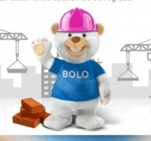 a teddy bear wearing a blue shirt that says bolo and a pink hard hat .