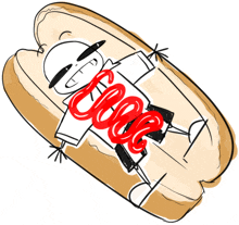 a drawing of a skeleton laying on a hot dog with ketchup on it