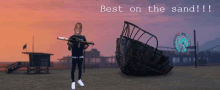 a man holding a gun on a beach with the words " best on the sand " below him