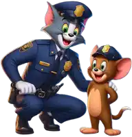 a police officer kneeling next to a cartoon character with the name james on his uniform