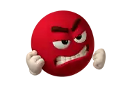 a red smiley face with a very angry look on its face