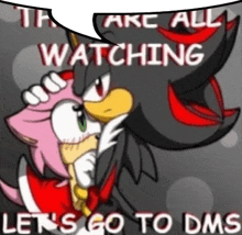 a cartoon of shadow the hedgehog and amy rose with the words " take all watching let 's go to dms " below