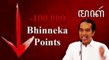 a man stands in front of a microphone with a red arrow pointing down and the words " bhenneka points " on the bottom