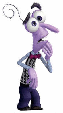 fear from inside out is a purple cartoon character with big eyes and a swirl around his head .