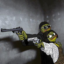 a cartoon of a frog holding a gun next to a woman