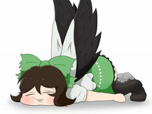 a cartoon drawing of a girl with wings and a green bow
