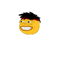 a yellow smiley face with black hair and a red bandana