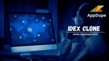 an ad for idex clone shows a man wearing headphones looking at a computer monitor