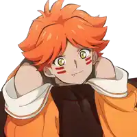 a cartoon character with orange hair and green eyes looks at the camera