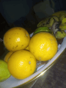 a bowl of lemons and bananas sits on a napkin