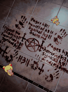 a dirty tile floor with a pentagram and the words pages h31 written on it