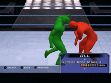 a video game screen shows a green and red wrestler in a jumping knee attack