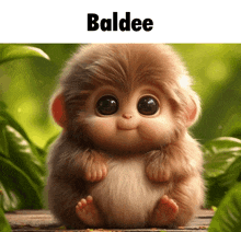 a baby baldee monkey is sitting on a wooden table