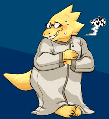 a cartoon drawing of a yellow lizard in a white robe