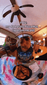 a man sitting at a table with a plate of pizza and a caption that says " pov : my dad grubs pizza hut "