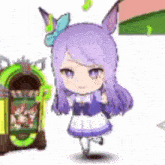 a little girl with purple hair is standing next to a jukebox and a green umbrella .