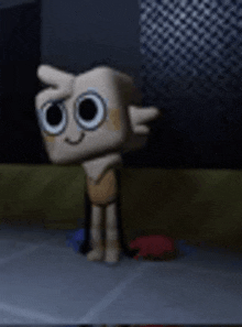 a cartoon character from the amazing world of gumball is standing on a sidewalk in a dark room .