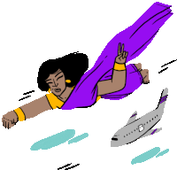 a woman in a purple sari is flying in the air