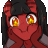 a pixel art drawing of a red demon girl with black hair and yellow eyes covering her mouth with her hands .