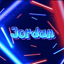 the name jordan is displayed in neon lights on a dark blue background