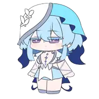 a drawing of a girl with blue hair and a white hat