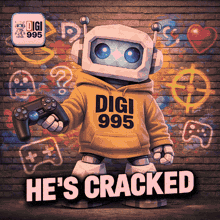 a robot wearing a hoodie that says digi 995 holds a video game controller