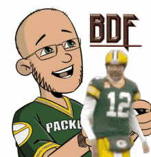 a cartoon of a man in a packers jersey