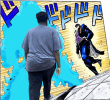 a man in a grey shirt is standing in front of a cartoon drawing of jotaro