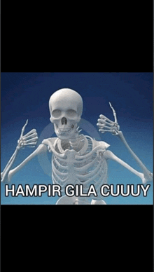 a picture of a skeleton with the words hampir gila cuuuy