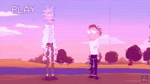 rick and morty are standing next to each other in a field with the word play above them