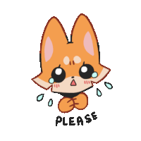 a drawing of a fox with tears on its face and the word please below it