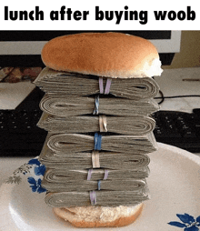 a bunch of money stacked on top of a bun with the caption lunch after buying woob