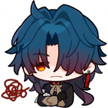 a chibi drawing of a boy with long blue hair and red eyes