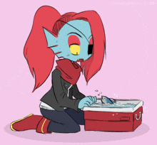 a drawing of a girl with red hair kneeling next to a red cooler with a fish in it