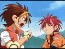 two anime characters are fighting each other in a cartoon scene .