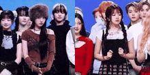 a group of people standing next to each other on a blue background .