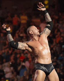 a shirtless wrestler with his arms outstretched stands in front of a crowd