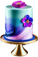 a blue and pink cake with a purple flower on it