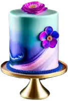 a blue and pink cake with a purple flower on it