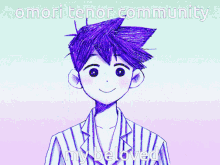 a drawing of a girl with purple hair and the words omori tenor community my beloved on the bottom