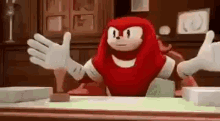 knuckles the echidna is sitting at a table with his arms outstretched .