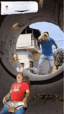 a man wearing a red shirt that says ' chinese ' on it is surrounded by spiders and a wasp