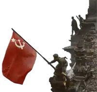 a statue of a man holding a red flag with the hammer and sickle on it