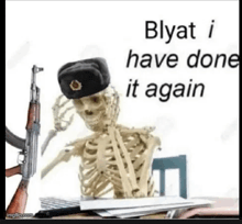 a skeleton wearing a military hat is sitting at a desk with a laptop and a gun .